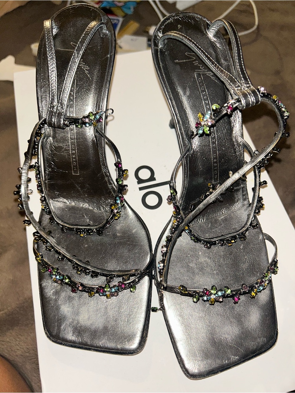 Giuseppe Zanotti Black Beaded Strappy Heels with Multicolor Accents